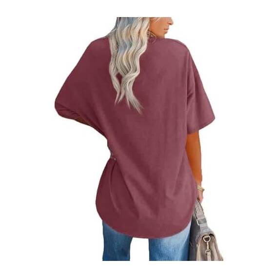 Ebifin Damen Oversize T Shirt mit V-Ausschnitt Kurzärmeliges Casual Lockere Basic Sommer Tee Shirts Bluse.Weinrot.L