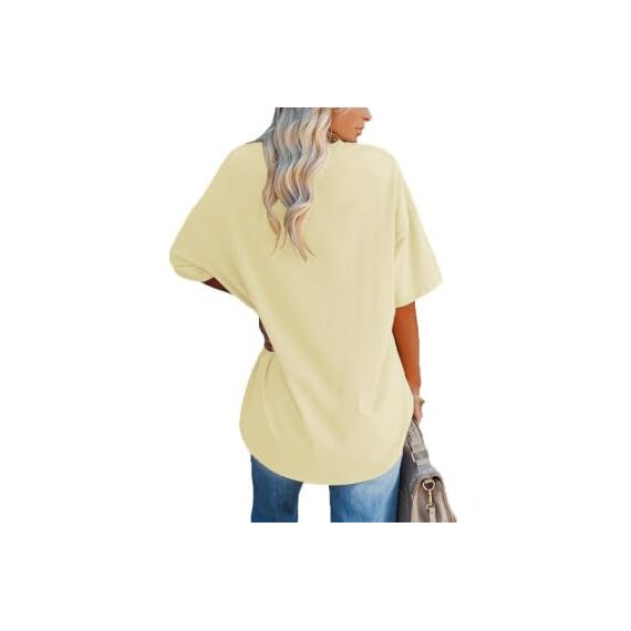 Ebifin Damen Oversize T Shirt mit V-Ausschnitt Kurzärmeliges Casual Lockere Basic Sommer Tee Shirts Bluse.Hellgelb.M