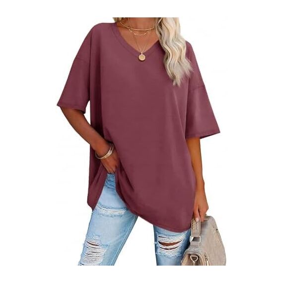 Ebifin Damen Oversize T Shirt mit V-Ausschnitt Kurzärmeliges Casual Lockere Basic Sommer Tee Shirts Bluse.Weinrot.M