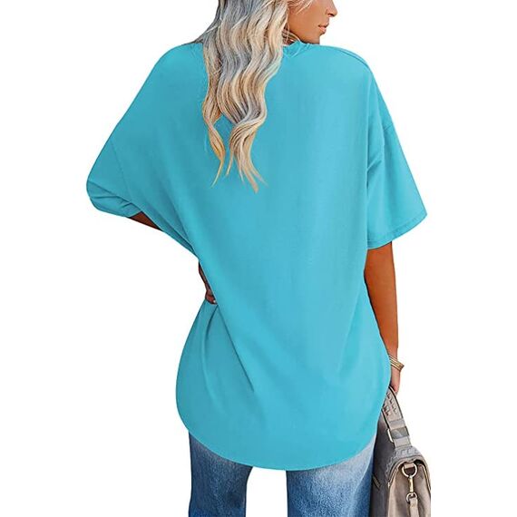 Ebifin Damen Oversize T Shirt mit V-Ausschnitt Kurzärmeliges Casual Lockere Basic Sommer Tee Shirts Bluse.Azurblau.M