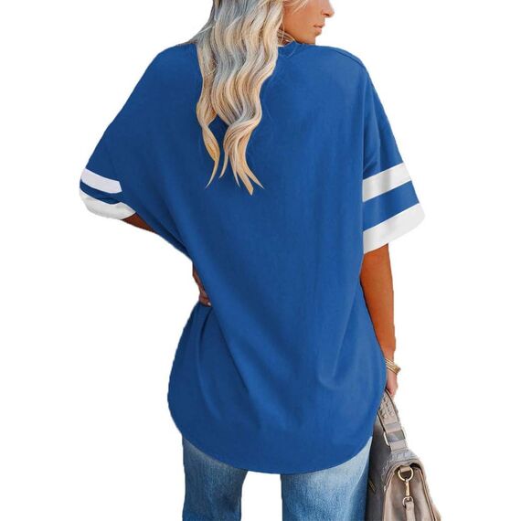 Ebifin Oversize T Shirt mit V-Ausschnitt Damen Kurzärmeliges Casual Lockere Basic Sommer Tee Shirts Bluse.Blau.M