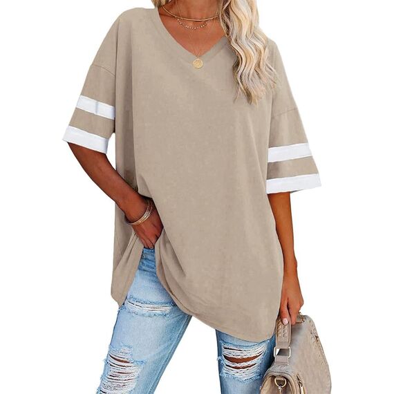 Ebifin Oversize T Shirt mit V-Ausschnitt Damen Kurzärmeliges Casual Lockere Basic Sommer Tee Shirts Bluse.Khaki.M