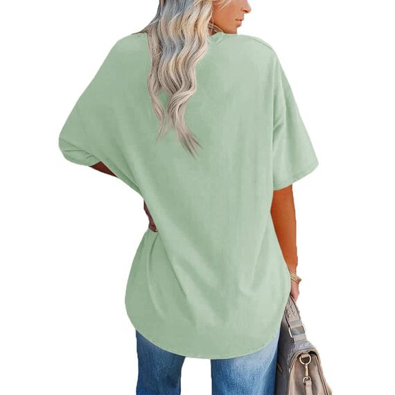 Ebifin Damen Oversize T Shirt mit V-Ausschnitt Kurzärmeliges Casual Lockere Basic Sommer Tee Shirts Bluse.Hellgrün.L