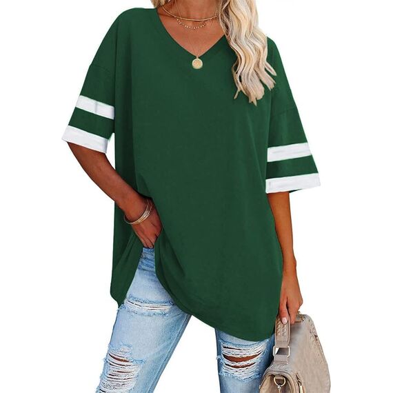Ebifin Oversize T Shirt mit V-Ausschnitt Damen Kurzärmeliges Casual Lockere Basic Sommer Tee Shirts Bluse.Grün.XL