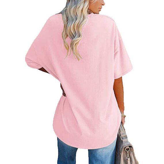 Ebifin Damen Oversize T Shirt mit V-Ausschnitt Kurzärmeliges Casual Lockere Basic Sommer Tee Shirts Bluse.Rosa.XL