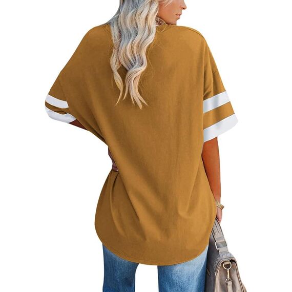 Ebifin Oversize T Shirt mit V-Ausschnitt Damen Kurzärmeliges Casual Lockere Basic Sommer Tee Shirts Bluse.Braun.S