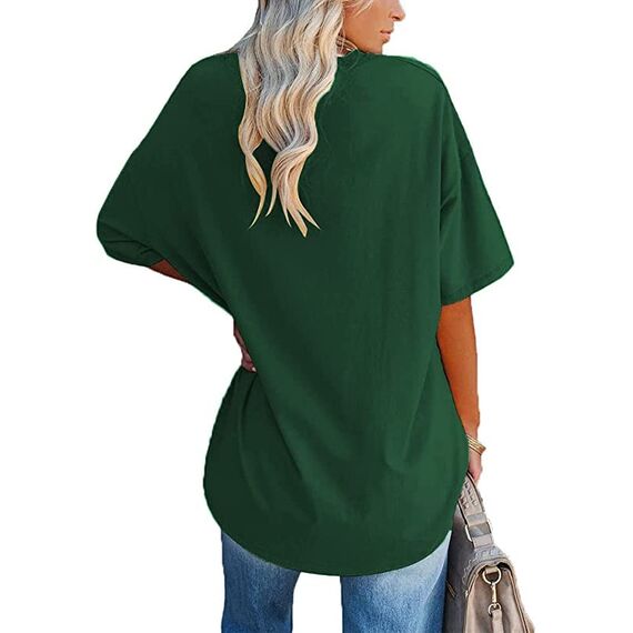 Ebifin Damen Oversize T Shirt mit V-Ausschnitt Kurzärmeliges Casual Lockere Basic Sommer Tee Shirts Bluse.Grün.L