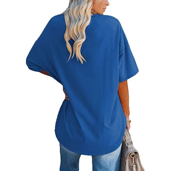 Ebifin Damen Oversize T Shirt mit V-Ausschnitt Kurzärmeliges Casual Lockere Basic Sommer Tee Shirts Bluse.Blau.L