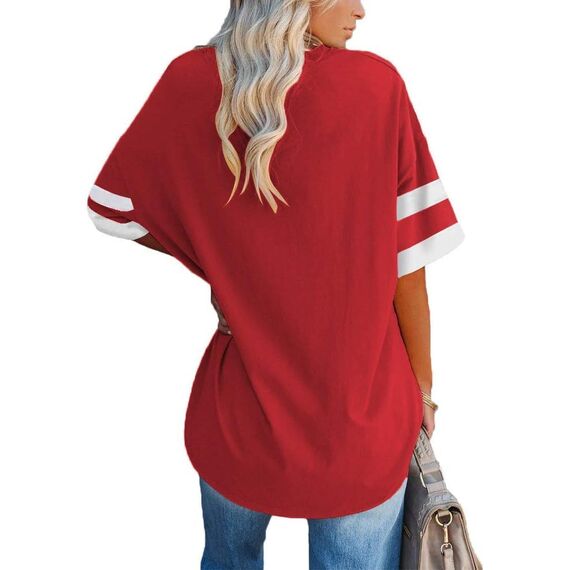 Ebifin Oversize T Shirt mit V-Ausschnitt Damen Kurzärmeliges Casual Lockere Basic Sommer Tee Shirts Bluse.Rot.S