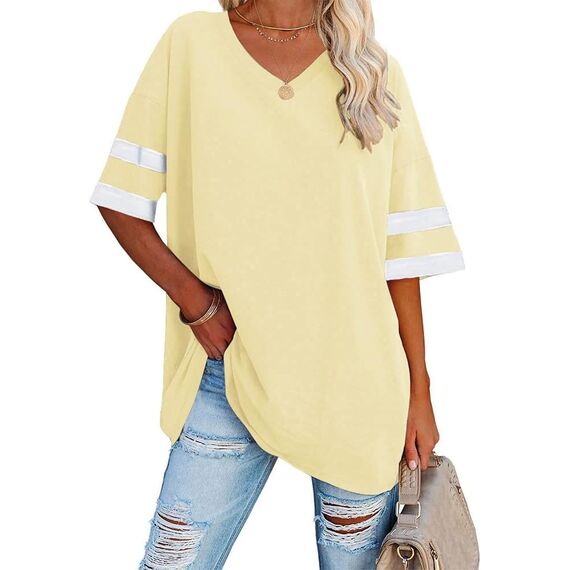Ebifin Oversize T Shirt mit V-Ausschnitt Damen Kurzärmeliges Casual Lockere Basic Sommer Tee Shirts Bluse.Beige.S