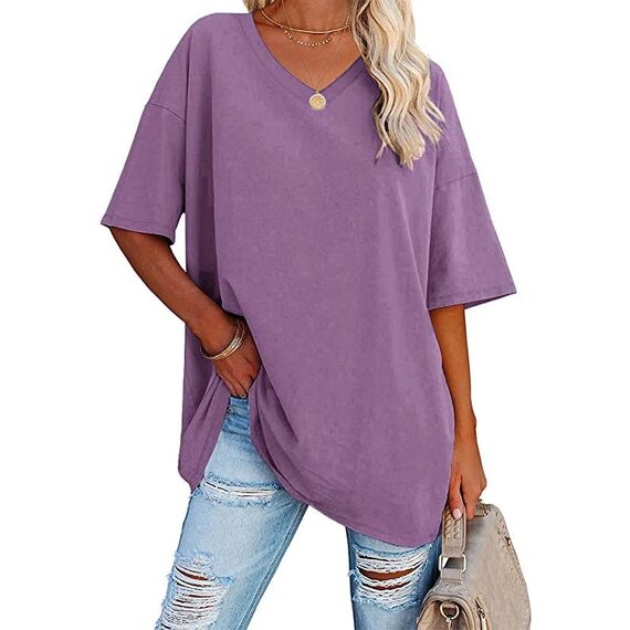 Ebifin Damen Oversize T Shirt mit V-Ausschnitt Kurzärmeliges Casual Lockere Basic Sommer Tee Shirts Bluse.Lila.M