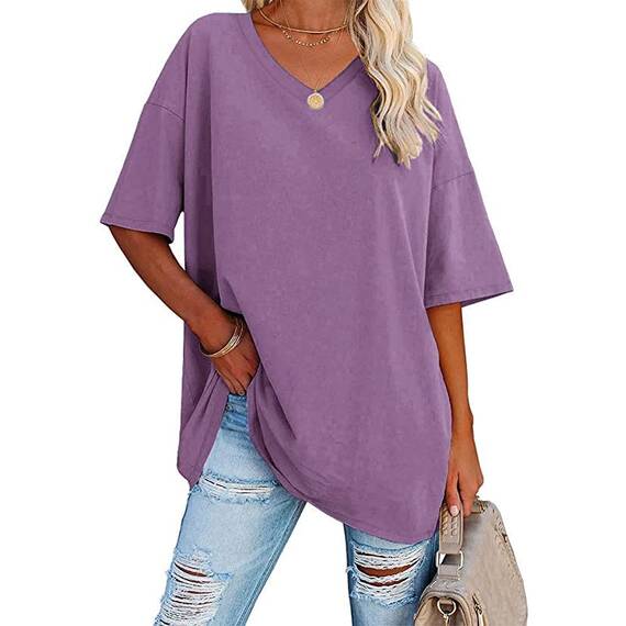Ebifin Damen Oversize T Shirt mit V-Ausschnitt Kurzärmeliges Casual Lockere Basic Sommer Tee Shirts Bluse.Lila.L