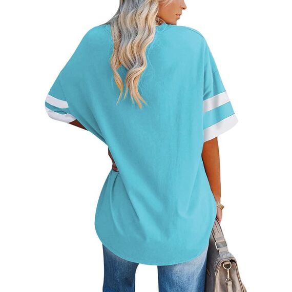 Ebifin Oversize T Shirt mit V-Ausschnitt Damen Kurzärmeliges Casual Lockere Basic Sommer Tee Shirts Bluse.Azurblau.S