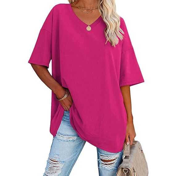 Ebifin Damen Oversize T Shirt mit V-Ausschnitt Kurzärmeliges Casual Lockere Basic Sommer Tee Shirts Bluse.Rosenrot.M