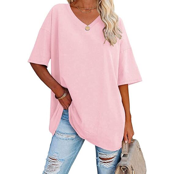 Ebifin Damen Oversize T Shirt mit V-Ausschnitt Kurzärmeliges Casual Lockere Basic Sommer Tee Shirts Bluse.Rosa.S