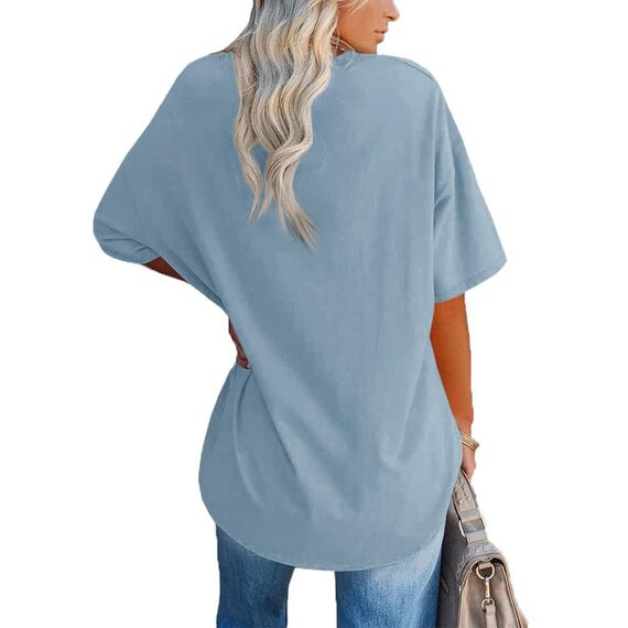 Ebifin Damen Oversize T Shirt mit V-Ausschnitt Kurzärmeliges Casual Lockere Basic Sommer Tee Shirts Bluse.Hellblau.XL