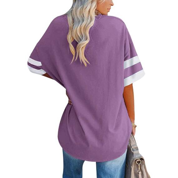 Ebifin Oversize T Shirt mit V-Ausschnitt Damen Kurzärmeliges Casual Lockere Basic Sommer Tee Shirts Bluse.Lila.S