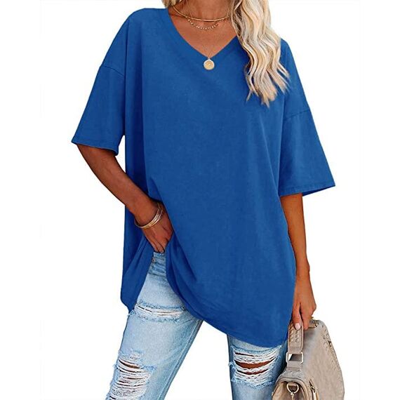 Ebifin Damen Oversize T Shirt mit V-Ausschnitt Kurzärmeliges Casual Lockere Basic Sommer Tee Shirts Bluse.Blau.S