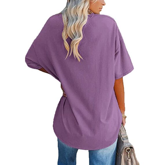 Ebifin Damen Oversize T Shirt mit V-Ausschnitt Kurzärmeliges Casual Lockere Basic Sommer Tee Shirts Bluse.Lila.XL