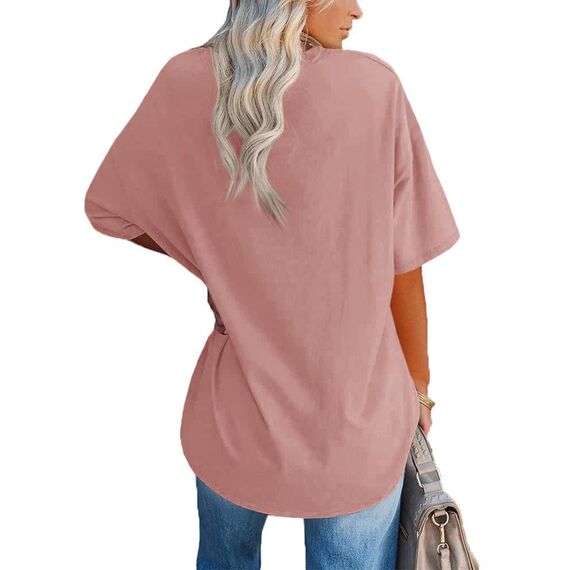 Ebifin Damen Oversize T Shirt mit V-Ausschnitt Kurzärmeliges Casual Lockere Basic Sommer Tee Shirts Bluse.Hellrosa.L