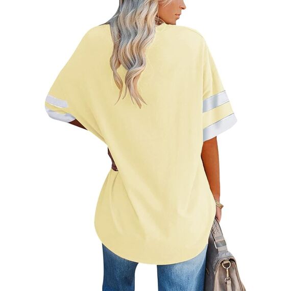 Ebifin Oversize T Shirt mit V-Ausschnitt Damen Kurzärmeliges Casual Lockere Basic Sommer Tee Shirts Bluse.Beige.S