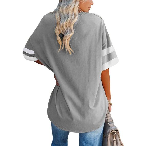 Ebifin Oversize T Shirt mit V-Ausschnitt Damen Kurzärmeliges Casual Lockere Basic Sommer Tee Shirts Bluse.Hellgrau.S