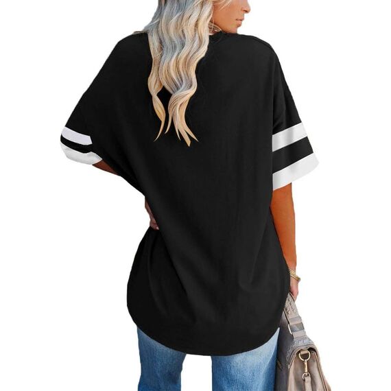 Ebifin Oversize T Shirt mit V-Ausschnitt Damen Kurzärmeliges Casual Lockere Basic Sommer Tee Shirts Bluse.Schwarz.XL