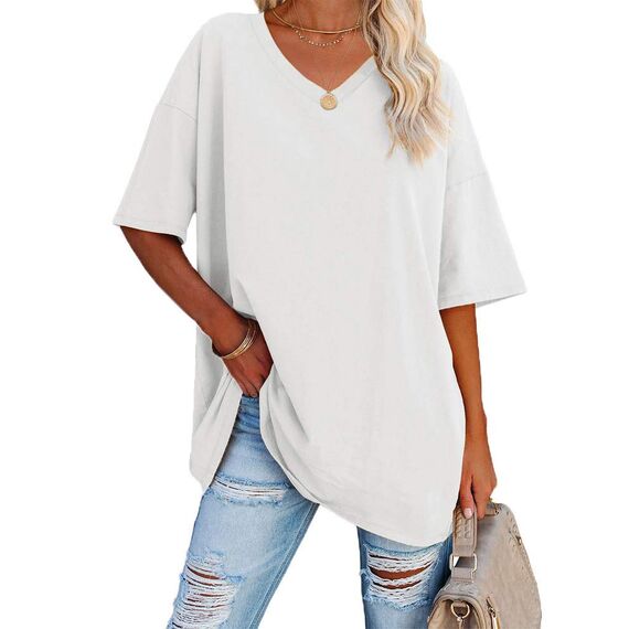 Ebifin Damen Oversize T Shirt mit V-Ausschnitt Kurzärmeliges Casual Lockere Basic Sommer Tee Shirts Bluse.Weiß.S