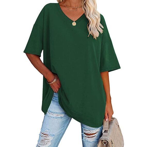 Ebifin Damen Oversize T Shirt mit V-Ausschnitt Kurzärmeliges Casual Lockere Basic Sommer Tee Shirts Bluse.Grün.S