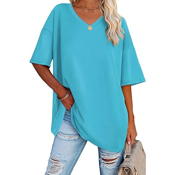 Ebifin Damen Oversize T Shirt mit V-Ausschnitt Kurzärmeliges Casual Lockere Basic Sommer Tee Shirts Bluse.Azurblau.XL