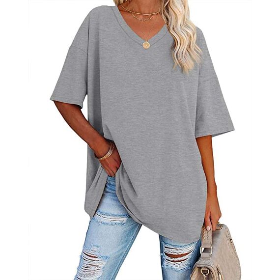 Ebifin Damen Oversize T Shirt mit V-Ausschnitt Kurzärmeliges Casual Lockere Basic Sommer Tee Shirts Bluse.Hellgrau.L