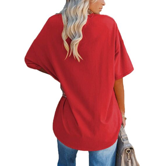 Ebifin Damen Oversize T Shirt mit V-Ausschnitt Kurzärmeliges Casual Lockere Basic Sommer Tee Shirts Bluse.Rot.S