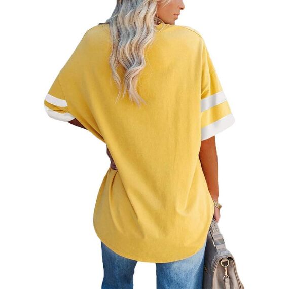 Ebifin Oversize T Shirt mit V-Ausschnitt Damen Kurzärmeliges Casual Lockere Basic Sommer Tee Shirts Bluse.Gelb.L