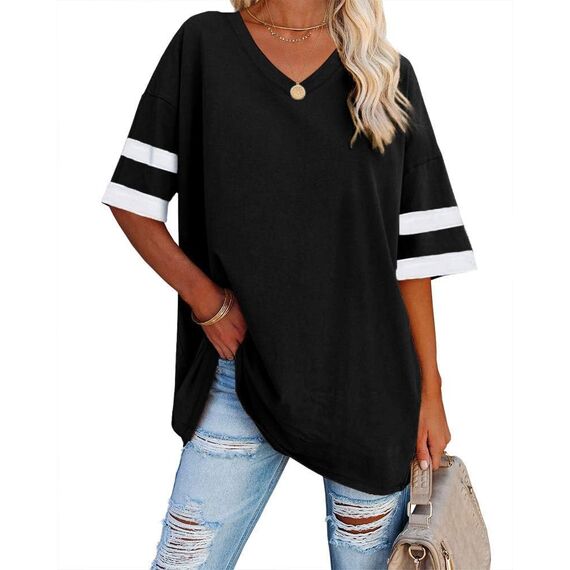 Ebifin Oversize T Shirt mit V-Ausschnitt Damen Kurzärmeliges Casual Lockere Basic Sommer Tee Shirts Bluse.Schwarz.XL
