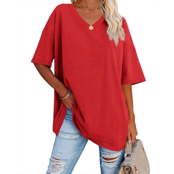 Ebifin Damen Oversize T Shirt mit V-Ausschnitt Kurzärmeliges Casual Lockere Basic Sommer Tee Shirts Bluse.Rot.S