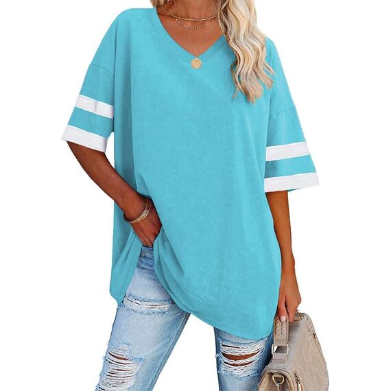 Ebifin Oversize T Shirt mit V-Ausschnitt Damen Kurzärmeliges Casual Lockere Basic Sommer Tee Shirts Bluse.Azurblau.XL