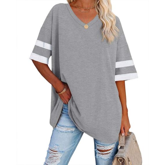 Ebifin Oversize T Shirt mit V-Ausschnitt Damen Kurzärmeliges Casual Lockere Basic Sommer Tee Shirts Bluse.Hellgrau.S
