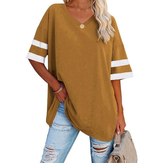 Ebifin Oversize T Shirt mit V-Ausschnitt Damen Kurzärmeliges Casual Lockere Basic Sommer Tee Shirts Bluse.Braun.L