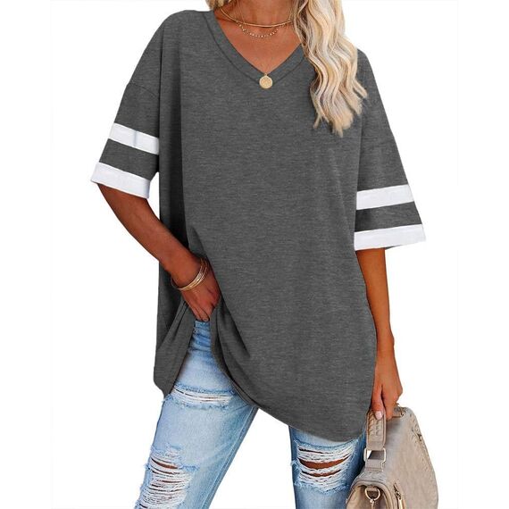 Ebifin Oversize T Shirt mit V-Ausschnitt Damen Kurzärmeliges Casual Lockere Basic Sommer Tee Shirts Bluse.Dunkelgrau.S