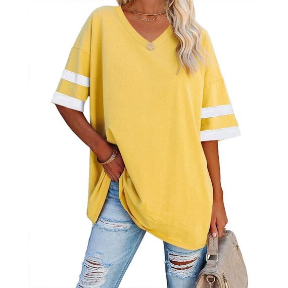 Ebifin Oversize T Shirt mit V-Ausschnitt Damen Kurzärmeliges Casual Lockere Basic Sommer Tee Shirts Bluse.Gelb.L