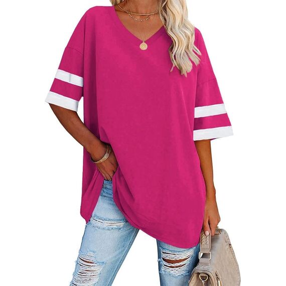 Ebifin Oversize T Shirt mit V-Ausschnitt Damen Kurzärmeliges Casual Lockere Basic Sommer Tee Shirts Bluse.Rosenrot.XL