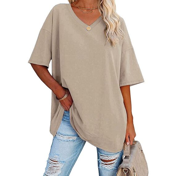 Ebifin Damen Oversize T Shirt mit V-Ausschnitt Kurzärmeliges Casual Lockere Basic Sommer Tee Shirts Bluse.Khaki.XL