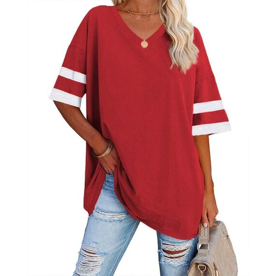 Ebifin Oversize T Shirt mit V-Ausschnitt Damen Kurzärmeliges Casual Lockere Basic Sommer Tee Shirts Bluse.Rot.S