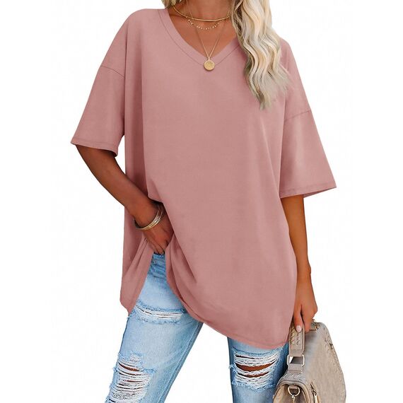 Ebifin Damen Oversize T Shirt mit V-Ausschnitt Kurzärmeliges Casual Lockere Basic Sommer Tee Shirts Bluse.Hellrosa.XL