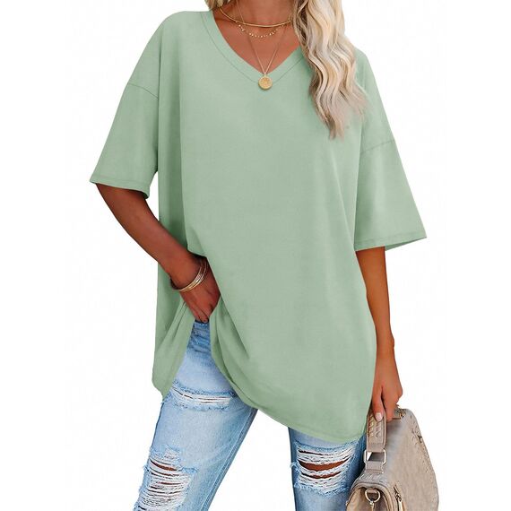 Ebifin Damen Oversize T Shirt mit V-Ausschnitt Kurzärmeliges Casual Lockere Basic Sommer Tee Shirts Bluse.Hellgrün.L