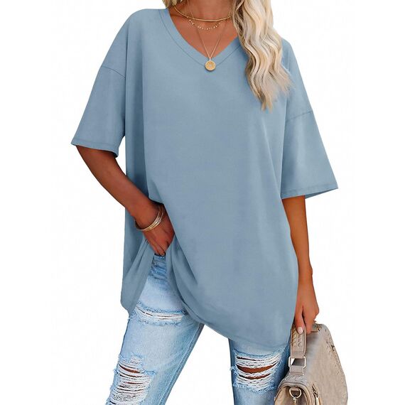 Ebifin Damen Oversize T Shirt mit V-Ausschnitt Kurzärmeliges Casual Lockere Basic Sommer Tee Shirts Bluse.Hellblau.M