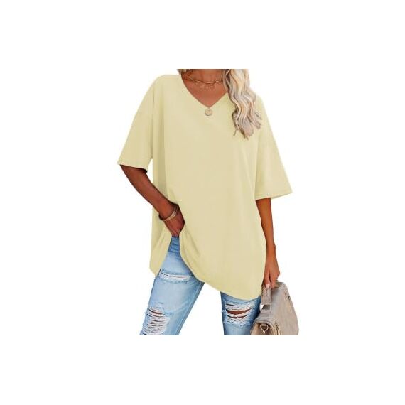 Ebifin Damen Oversize T Shirt mit V-Ausschnitt Kurzärmeliges Casual Lockere Basic Sommer Tee Shirts Bluse.Hellgelb.XL