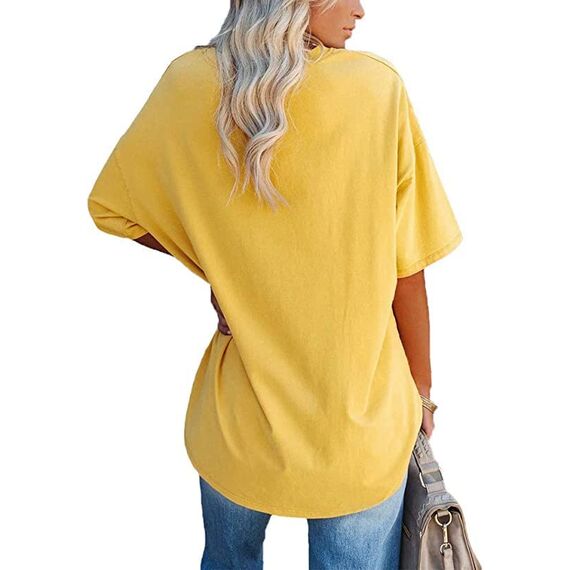 Ebifin Damen Oversize T Shirt mit V-Ausschnitt Kurzärmeliges Casual Lockere Basic Sommer Tee Shirts Bluse.Gelb.XL