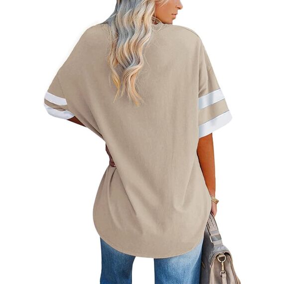 Ebifin Oversize T Shirt mit V-Ausschnitt Damen Kurzärmeliges Casual Lockere Basic Sommer Tee Shirts Bluse.Khaki.XL