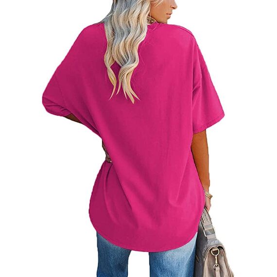 Ebifin Damen Oversize T Shirt mit V-Ausschnitt Kurzärmeliges Casual Lockere Basic Sommer Tee Shirts Bluse.Rosenrot.XL